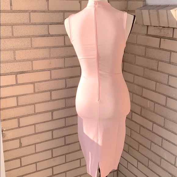 Privy Blush Pink High Neckline Mesh Cutout Midi Dress NWT - Picture 4 of 9
